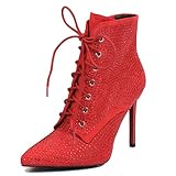  Gicoiz Lacets Strass Aiguille Talons Hauts Bottes de Cheville Femme Pointu Hiver Mode Fermeture Éclair Défilé De Mode Suède Bottines Rouge Taille 36 EU