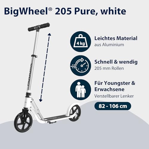 HUDORA BigWheel Pure Scooter I Stabiler Aluminium-Roller mit St&auml;nder I H&ouml;henverstellbarer & zusammenklappbarer Cityroller f&uuml;r bis zu 100kg I Tretroller f&uuml;r Jugendliche und Erwachsene wei&szlig;