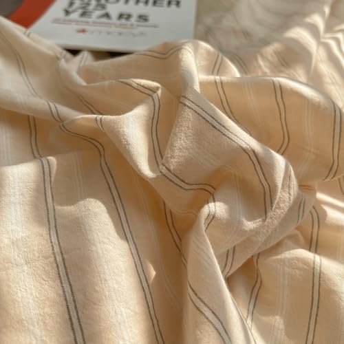 Image of mixinni Retro Striped Duvet Cover Set Twin XL Size - 100% Washed Cotton Beige Duvet Cover with Black White Stripes, Soft Breathable 3 Piece Comforter Cover with Zipper Closure & Corner Ties