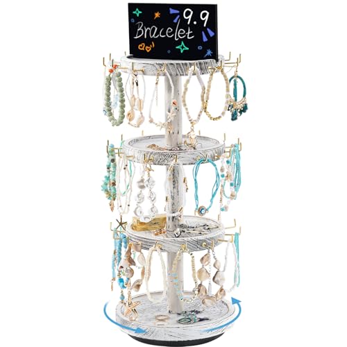 Lolalet 4 Tier Bracelet Holder, Wooden Rotating Bangle Display Stand with 42 Hooks and Tray Base, 360 Degrees Rotatable Rustic Tree Storage for Bracelets Key Chains Small Accessories -White 
