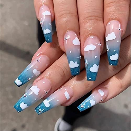 24 PCS Fake Nails QKIIP Long Press on Nails Cloud Pattern Fake Nails, Pink Extra Artificial False Nails, Coffin False Nails with Glue Artificial Acrylic Nails, for Women and Girls (Blue Cloud)