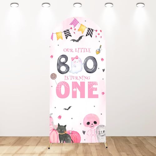 Image of AIBIIN 7.2 ft Halloween Boo 1st Birthday Arch Backdrop Covers Our Little Boo is Turning One Happy Birthday Arch Backdrop Pink Watercolor Bat Spider Decor for Girls Baby Shower