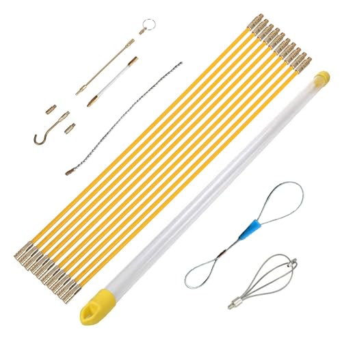 BTtime 通線ロッド 通線ワイヤー 10本 ケーブル索引具 入線専用ワイヤー 入線工事用ロッド 呼線工具 ケーブル牽引具セット 先端金具9種類付き 収納ケース付き 1m φ4mm （イエロー）