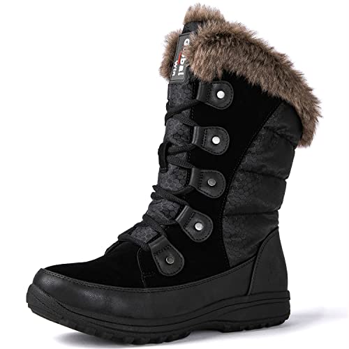 GLOBALWIN Women's Snow Boots Waterproof Mid-Calf Black Winter Boots For Women With Warm Fleece Lining, Stylish Fur Boots For Women With Non-Slip Sole And Quilted Comfortable Boots Size 11M