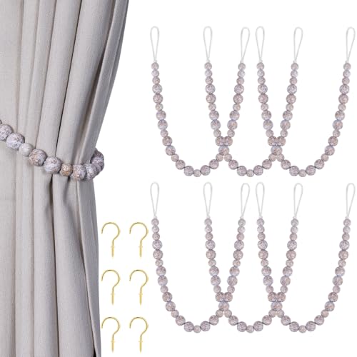 KLOGTSIND Wood Bead Curtain Tiebacks, 6 Pack Curtain Tie Backs with Hooks