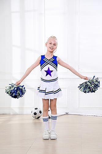 LOLANTA Girls' Cheerleading Costumes with Pompoms and Socks, Kids Halloween Fancy Dress Up, Cheerleader Outfit, Blue, 4-5 Years, 110 - Image 4