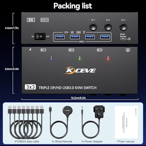 KVM Switch 3 Monitors 3 Computers 8K@60Hz 4K@144Hz, HDMI+2 Displayport KVM Switch Triple Monitor for 3 PC Share 3 Monitor and 4 USB3.0 Devices,Wired Remote and USB Cables Included - Image 8