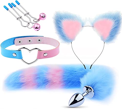 LQSSA 𝙎𝙚̣𝙭 𝙏σ𝙮𝙨 Cute Fox Cat Ears Headcovering Toys for Pets, Pet Decorations, Foxtail Bunny, Collar Reins Rivet Chain (Azul Y Rosa).