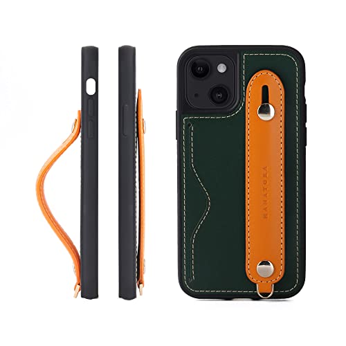 iPhone13 mini ケース 本革 グリップケース レザー ストラップ付属 イタリア製牛革 ヌメ革 片手操作 カード収納 スタンド機能 メンズ レディース グリーン/オレンジ CGH-13Mini-Green-OG