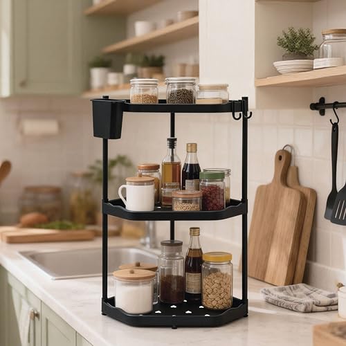 Nyrthil 3-Tier Kitchen Counter Organizer & Corner Shelf with Hooks, Storage Box – Bathroom Countertop Shelf, Multi-Space 3-Tier Organizer for Kitchen, Bathroom