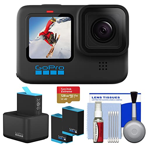 GoPro HERO10 Black, Waterproof Action Camera Bundle with Dual Charger, 3 Extra Battery, 128GB microSD Card, Cleaning Kit