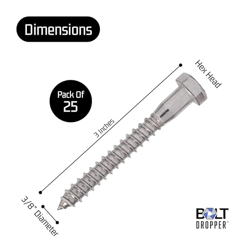 Image of Bolt Dropper 3 /8 inch x 3 inch Stainless Hex Head Lag Bolt Screws, (25 Pack), 304 (18-8) Stainless Steel Coach Bolts /Large Screws for Wood with Plain Finish by Bolt Dropper