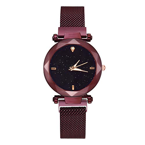 Preisvergleich Produktbild LABIUO Magnetischer Edelstahl Lässiger Mesh-Gürtel Modisches Sternenklares Rundes Zifferblatt Frauen Quarzuhr(rot,Freie Größe)