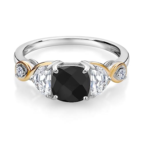925 Silver and 10K Yellow Gold Cushion Onyx Half Moon Moissanite and Lab Grown Diamond 3-Stone Engagement Ring For Women (1.58 Cttw, Gemstone Birthstone, Available In Size 5, 6, 7, 8, 9)3