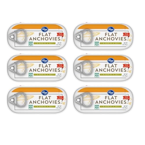 Flat Anchovy Fillets in Olive Oil and Salt, Premium Canned, Rich Umami Flavor, 2 oz, Pack of 6, for Pizza, Pasta, and Salads