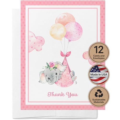 Image of Twigs Paper Baby Girl Shower Thank You Cards, 12 Pink Elephant Note Cards