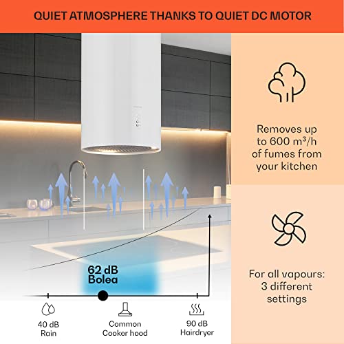 Klarstein Hanging Island Cooker Hood, Extractor Fan for Kitchen Islands, 600m³/h Airflow, Timer, Adjustable Kitchen Extractor Fan w/Pipe Design, Timer, 3 Mode Cooker Hoods, Activated Carbon Filters