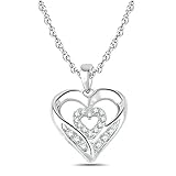 10K White Gold Diamond Double Heart Pendant Necklace for Women (1/10 ct), 18”