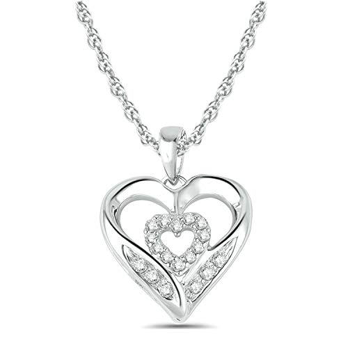 10K White Gold Diamond Double Heart Pendant Necklace for Women (1/10 ct), 18â