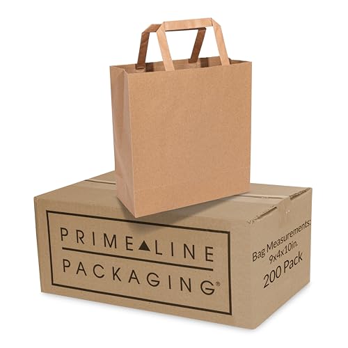 Prime Line Packaging Brown Paper Bags, Kraft Gift Bags Small with Handles, Paper Lunch Bags, Takeout for Food, Grocery, Shopping, Small Business, Delivery, Bulk, 9x4x10, 200 Pack