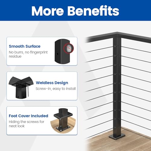 Muzata Black Corner Cable Railing Post 36 Inch 36"x2"x2" T-drilled One-Post Corner Solution Surface Mount Stainless Steel Cable Railing System Kit Indoor Outdoor with Paper User Guide PS02 B34S