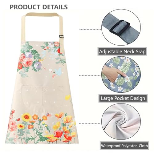 Image of DARSHANAM WORLD Apron for Women with Pockets | Adjustable Waterproof Floral Chef Aprons for Kitchen | Fully washable with large front pocket |Apron for Restaurant | Home | Kitchen | Hotel