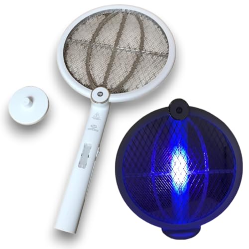 Super Raquete Elétrica Branca 2 em 1 Luminaria Armadilha Repelente Luz Led UV Lampada Choque 3000V M