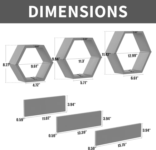 Image of Wooden Floating Wall Shelves Wall Mounted - Set of 6 Hexagon Shelves Display for Photos, Plants, Honeycomb Shelves for Living Room, Bedroom, Bathroom, Kitchen, Office (Grey)