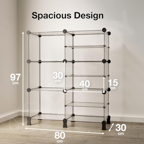 Image of BOXJOY 9 Shelf Plastic Book Shelf Organiser with White Translucent Panels and Bottom Stand Bookshelf Organizer Cabinet Rack for Bedroom Living Room Study Storage Showcase Display for Home