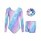 JiAmy Gymnastics Leotards for Girls, Long Sleeve Biketards Sparkly Dance Unitard with Shorts Athletic Bodysuit Outfit for Kids 5-6 Years Blue Star Gradient