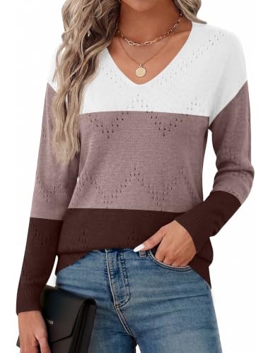 Image of Zeagoo Womens Sweaters Fall Trendy Casual Long Sleeve Shirt Lightweight V Neck Off Shoulder Crochet Pullover Top Outfit