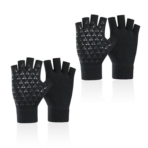 COACOM 2 pares de luvas pretas de malha térmica, luvas sem dedos, luvas antiderrapantes para ecrã tátil, luvas unissexo sem dedos, acessórios de inverno, luvas de condução, luvas de