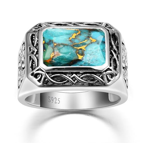 Yaresul Radiant Cut Turquoise Rings for Men 925 Sterling Silver Vintage Turkish Handmade Celtic Pattern Pinky Ring Engagement Ring Band for Dad Father Size 10 - Image 2