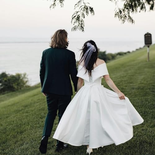 Image of Women's Off Shoulder Wedding Dress for Bride Tea Length A Line Satin Formal Prom Dresses with Pockets