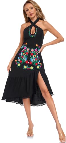 Image of Womens Mexican Floral Embroidered Halter Maxi Dress Side Slit Boho Dress