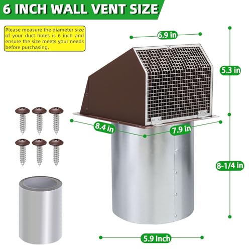 Image of 6 Inch Hooded Wall Vent with Screen and Damper,6 inch Vent Hood Wall Exhaust Vent Cover,Dryer Vent Cover Outside,6 inchVent Cover Exterior Wall Vent Cap for Range Hood Kitchen Air Ventilation,Galvanized Steel