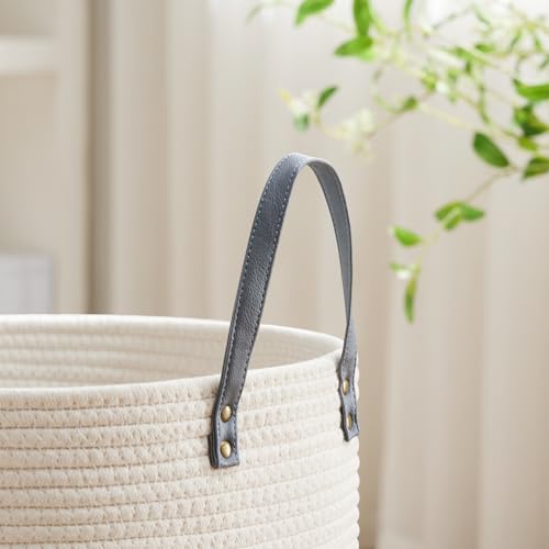Image of VIPOSCO 53L Tall Woven Rope Laundry Hamper, Leather Handles, Grey & White | Large Wicker Laundry Basket for Dirty Clothes, Blanket, Toy, Towel, Yoga Mat, Storage Bin in Bedroom, Bathroom, Living Room