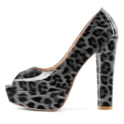 Mettesally Femmes Peep Toe Pompes Plateforme Chunky Heels 14cm Slip on Robe Mariage Parti Modes Chaussures Léopard Blanc EU 39