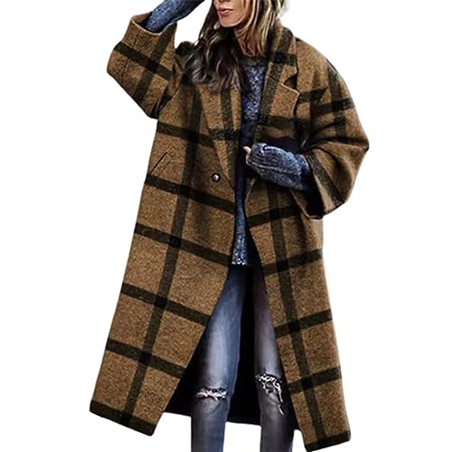 Mantel Damen Lang mit Karomuster, Warm Trenchcoat Kariert Wintermantel Elegant Reverskragen Übergangsmantel Übergroßer Mantel Fashion Herbstmantel Freizeit Winterjacke...