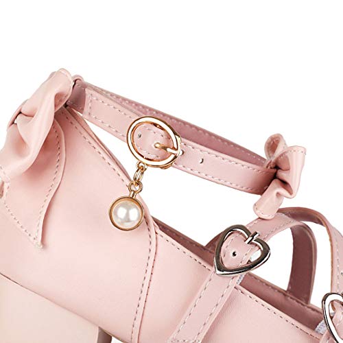 Mary Jane Pumps Women Mid Block Heel Ankle Strap Platform Shoes With Bowknot Round Toe Sweet Rockabilly Kawaii Cosplay (Pink,Size9) #TOP3