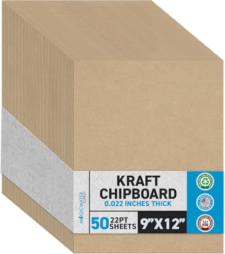 MagicWater Chipboard Sheet for DIY Projects - 9x12 Inch - 50 Pack - 22 pt - Heavy Duty Kraft (0.022 Inch Thick) Paperboard, for Scrapbooking, Books, Picture Frame Backing, Arts Project & Crafts