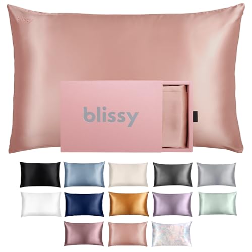Blissy Funda de almohada de seda, 100 % seda de morera pura, fibras de alta calidad de 22 momme 6A, para cabello y piel, tamaño regular, Queen y King (oro rosa, Queen)