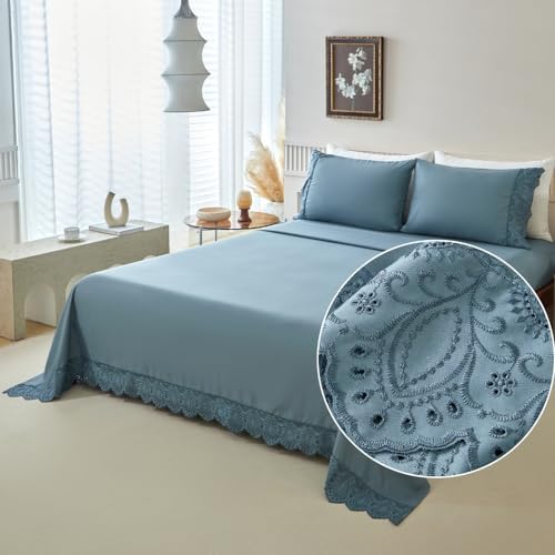 Jogo de Lençol Casal 4 Pçs 300 Fios Percal Bordado Blue