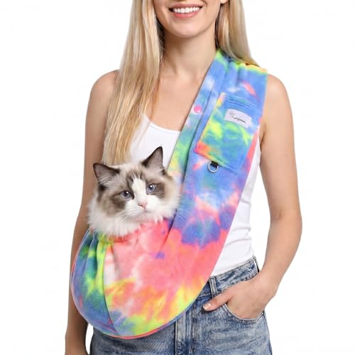 Hands-Free Cat Sling Carrier & Pet Sling for Small Dogs & Cats (3-14 lbs) - Ultra Soft Fleece Puppy Carrier with Wide Shoulder Strap for Back Pain Relief - Cozy Indoor/Outdoor Small Animal (Fruits)