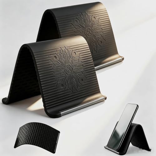 Portable Foldable Silicone Aluminum Phone Holder, 2026 New Flexible Silicone Phone Stand, Adjustable Airplane Phone Holder for Tablet Laptop Desk Travel Non-Slip Bed Office Treadmill (Black, 2pcs)