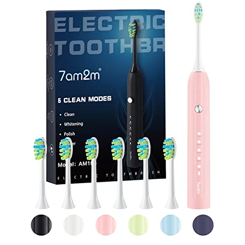 7AM2M Sonic Electric Toothbrush for Adults and Kids, One Charge for 90 Days, with 6 Brush Heads, 5 Modes with 2 Minutes Build in Smart Timer, Roman Column Handle Design (Pink)