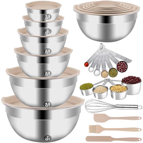 WEPSEN Mixing Bowls Set, 27PCS Khaki Mixing Bowls With Lids Set Stainless Steel Kitchen Large Nesting Metal Bowl 7QT to 1.5QT, Measuring Cups and Spoons for Prepping Cooking Serving