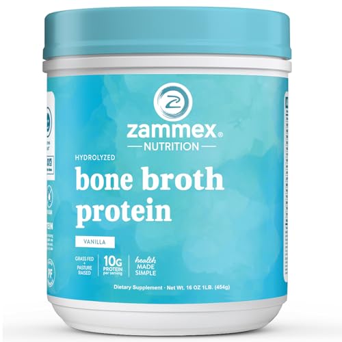 Zammex Bone Broth Protein Powder, Pure Grass Fed Beef, Vanilla Protein Powder,Hydrolyzed Collagen Supplement for Healthy Skin,Nails,Hair,Joints, Non-GMO,Gluten Free, Great in Shakes
