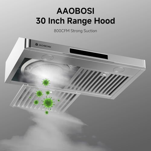 AAOBOSI Range Hood 30 inch Under Cabinet, (Upgraded)800-CFM Gesture Sensing/Touch Control/Motor,3 Speed Range Hood with LED Lights Exhaust Fan, Stainless Steel Kitchen Vent Hood