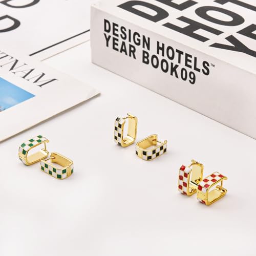 18K Gold Filled Dainty Checkered Hoop Earrings for Women, Stylish Enamel Checked Pattern Huggie Earrings, Gold Statement Earrings，Multicolor Hypoallergenic Jewelry,Birthday Gifts for Her4